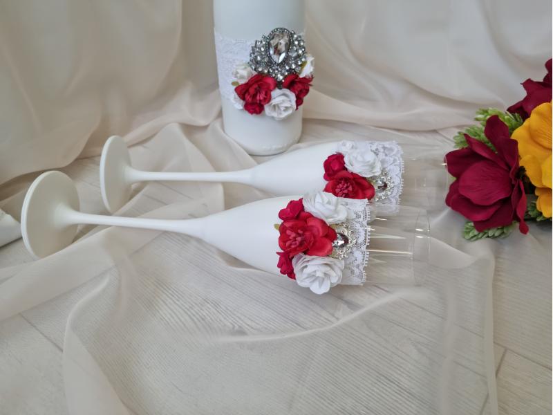 Комплект ритуални чаши и шампанско-"Червена роза"