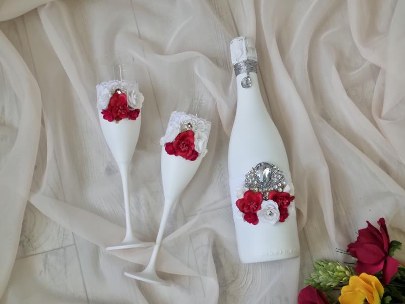 Комплект ритуални чаши и шампанско-"Червена роза"