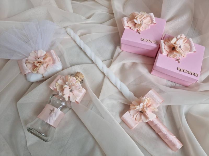 Комплект за кръщене "Прасковена хризантема"